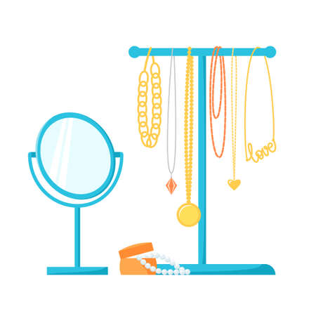Jewelry holder with different necklaces, chains, beads. Jewellery stand, round table mirror and pearls in box. Flat vector illustrationのイラスト素材