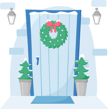 Front door with wreath decoration, entrance with lanterns and Christmas trees in pots in snow, winter vector illustration, flat styleのイラスト素材