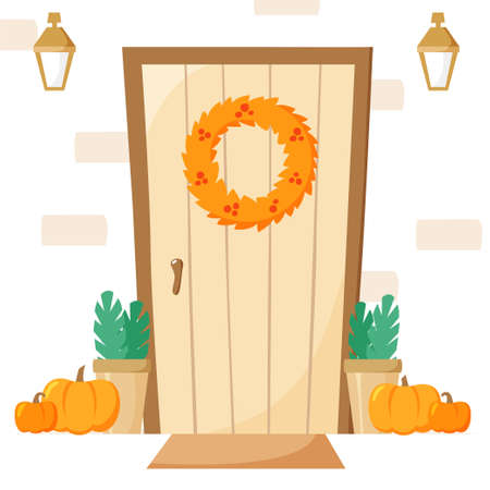 Front door with autumn decoration, entrance with wreath and pumpkins, lanterns and plants in pots, fall vector illustration, flat styleのイラスト素材
