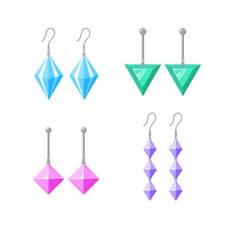 Earrings collection. Shining accessories with gemstones, diamonds, precious stone. Jewellery set. Flat vectorのイラスト素材