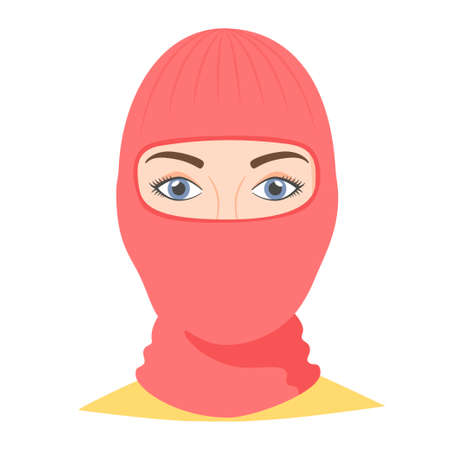 Woman wearing balaclava helmet. Trendy worm headgear for cold weather. Facial mask for the whole head to wear under helmet in flat style. Vectorのイラスト素材