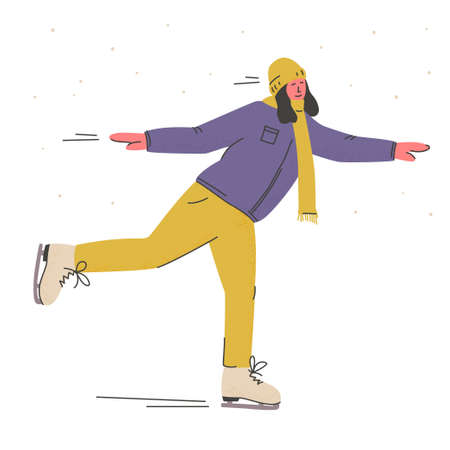 Happy woman in warm clothes ice skating. Person skating on rank when snowing. Winter activity and active rest. Vectorのイラスト素材