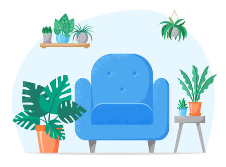 Living room interior with blue chair, table, home plants in pots. Sweet home illustration. Flat style vectorのイラスト素材