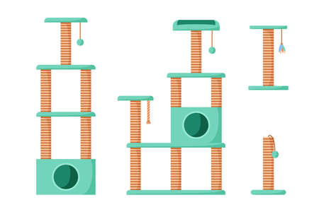 Cat trees and scratching posts set. Cat playground with claw sharpeners. Pet tower with rope posts. Supplies and accessories for domestic pets. Flat style vectorのイラスト素材