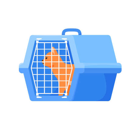 Cat in carrier. Plastic carrying case for traveling with pets or visiting veterinarian. Red cat in transportation box or kennel. Flat style vectorのイラスト素材