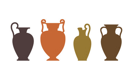 Vase silhouettes set. Various antique ceramic vases. Ancient greek jars and amphorae silhouettes with texture. Clay vessels pottery. Vectorのイラスト素材