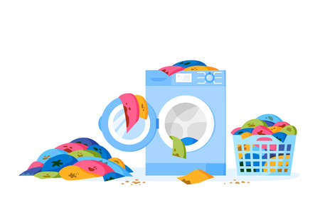 Pile of dirty clothes on floor and in laundry basket. Washing machine and liquid detergent bottle. Heap of dirty cloth. Stack of dirty apparel on laundry day. Flat illustration.のイラスト素材