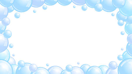 Blue soap bubbles frame. Foam border, suds decorative divider. Soap bubbles pattern. Vector backgroundのイラスト素材