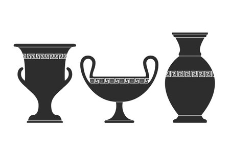Vase silhouettes set. Various antique ceramic vases. Ancient greek jars and amphorae silhouettes. Clay vessels pottery illustration.のイラスト素材