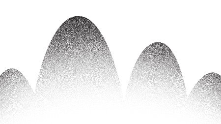 Grain wave background. Stippled texture hills. Abstract landscape in dotwork style. Black noise and sand gradient effect. Stochastic dotted background.のイラスト素材