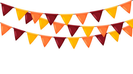 Thanksgiving bunting. Orange, red and yellow flag garland. Autumn holidays party decoration. Fall pennants chain.Celebration cartoon flags for decor. Footer and banner backgroundのイラスト素材