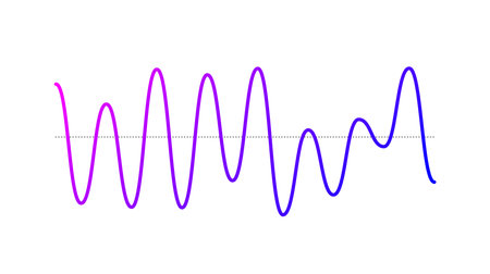 Purple curve sound wave. Voice or music audio signal. Sinusoid line. Electronic radio graphic.のイラスト素材