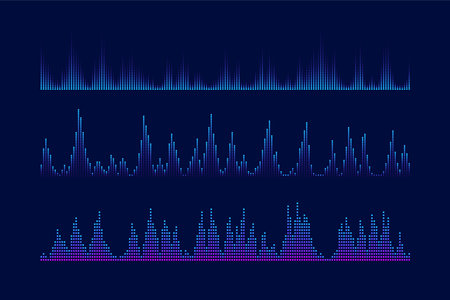 Sound equalizer and visualication set. Music wave bars collection. Podcast, audio tracks or voice messages. Diagram, chart or signal concepts.のイラスト素材