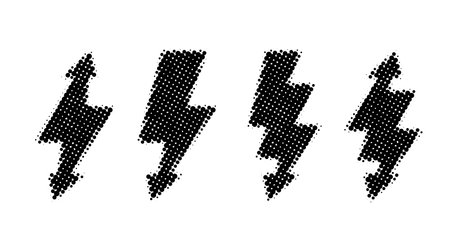Halftone lightning bolt set. Black grunge thunderbolt collection. Textured flash symbols. Comic lightning strike signs. Vectorのイラスト素材