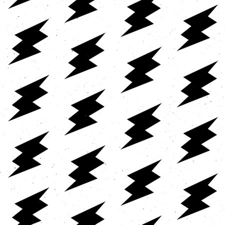 Grunge lightning bolts seamless pattern. Black thunderbolts repeating background. Textured storm and lightning strikes ornament wallpaper. Energy power or electricity voltage symbols.のイラスト素材