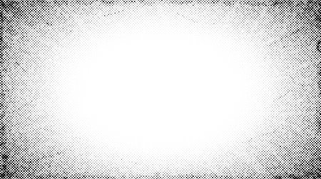 Halftone radial texture. Comic style grain background. Pop art faded textured frame. Grunge sand speckles effect. Dotted particles print wallpaper. Pixelated gradient vector backdropのイラスト素材