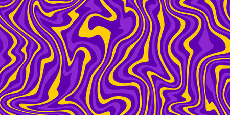 Retro groovy background. Wavy vintage trippy psychedelic wallpaper. Purple yellow pattern, cover, poster in 60s or 70s style. Liquid hippie texture. Vectorのイラスト素材