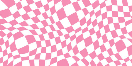 Retro distorted checkerboard background. Pink trippy psychedelic checkered wallpaper. Wavy groovy chessboard surface. Abstract twisted geometric pattern. Vector backdropのイラスト素材