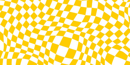 Trippy checkerboard background. Yellow retro psychedelic checkered wallpaper. Wavy groovy chessboard surface. Distorted and twisted geometric pattern. Abstract vector backdropのイラスト素材