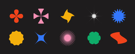 Primitive geometric shapes set. Abstract stars and flowers forms collection in Swiss or bauhaus style. Brutalist elements set for poster, banner, collage, icon, logo. Vector modern forms and signs.のイラスト素材