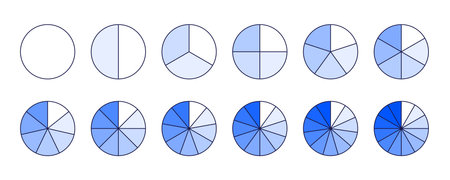 Circle segments collection. Shades of blue color pie diagrams set. Round sections and slices pack. From 1 to 12 segments of infographic charts. Different phases and stages of cycle. Vector bundleのイラスト素材