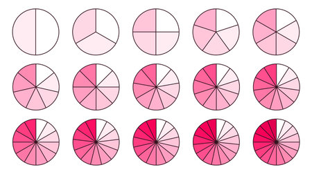 Circle segments collection. Shades of red pink color pie diagrams set. Round sections and slices pack. From 2 to 16 segments of infographic charts. Different phases and stages of cycle. Vector bundleのイラスト素材