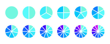 Circle segments collection. Pie diagrams set in blue purple colors. Round sections and slices pack. From 1 to 12 segments of infographic charts. Different phases and stages of cycle. Vector bundleのイラスト素材