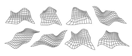 Distorted perspective grid pack. Glitch rectangle plane set. Wavy futuristic elements bundle. Ripple...
