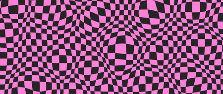 Black and pink distorted checkerboard background. Retro emo psychedelic checkered wallpaper. Wavy groovy chessboard surface. Trippy twisted geometric pattern. Abstract vector backdropのイラスト素材