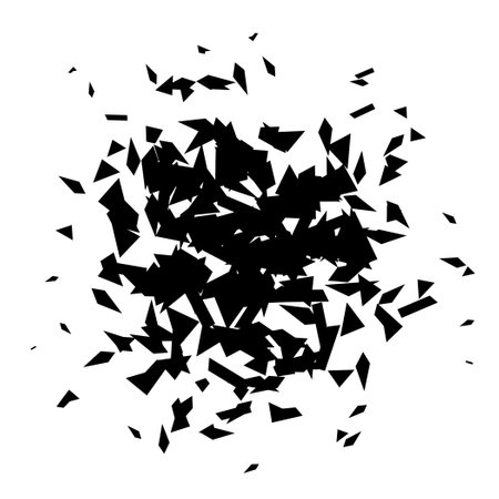 Debris and shatters radial shape. Broken and wrecked specks, speckles and particles. Black pieces explosion and burst. Vector textured elementのイラスト素材