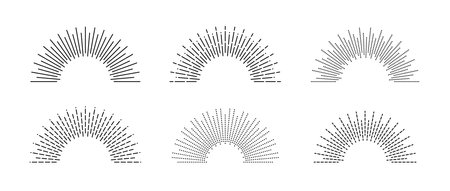 Half circle sunburst frame set. Sunrise and sunshine rays symbols pack. Radial light rays collection. Retro sun beam shape. Design elements for logo, label, badge, poster. Vector bundleのイラスト素材
