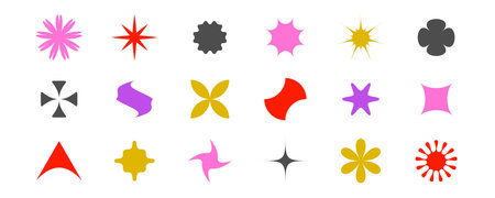 Abstract stars, flowers, waves, sunburst shapes collection. Primitive geometric forms in Swiss, bauhaus or Memphis style. Brutalist elements pack for poster, banner, collage. Vector signs bundle.のイラスト素材