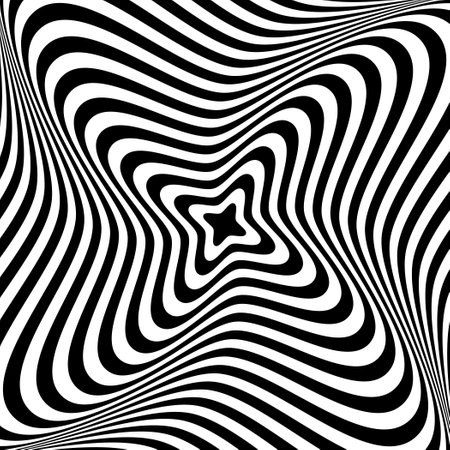 Optical illusion background. Black and white abstract distorted lines surface. Poster design. Radial torsion spiral illusion wallpaper. Vector illustrationのイラスト素材