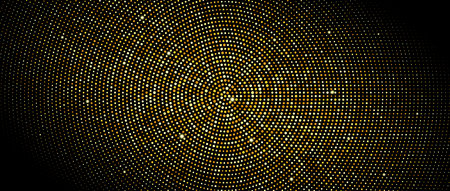 Golden radial halftone background. Gold glitter confetti wallpaper. Retro dotted circles pattern. Design template for banner, flyer, poster, presentation. Vector luxury illustrationのイラスト素材