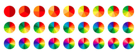 Multicolored circle sections collection. Pie charts diagrams in spectrum colors. Infographic round elements set. Pack of 2 to 28 slices and sectors. Process phases and stages of cycle. Vectorのイラスト素材
