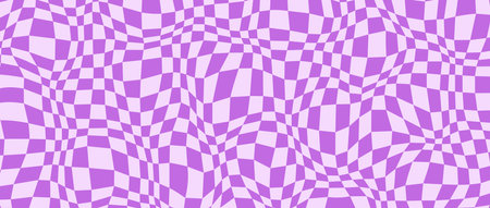 Trippy distorted checkerboard background. Purple violet psychedelic checkered wallpaper. Wavy groovy chessboard surface. Twisted geometric pattern. Abstract retro vector backdropのイラスト素材