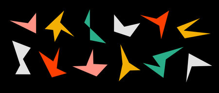 Simple colorful sharp irregular shapes set. Abstract geometric edgy elements collection. Asymmetry angular forms for banners, collages, posters, stickers. Vector design bundle on dark background.のイラスト素材