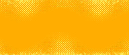 Yellow orange halftone background. Retro comic gradient background. Square pixilated dots cartoon texture. Pop art faded gradient pattern. Vector backdrop.のイラスト素材