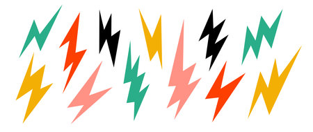 Colorful lightning bolt set. Bright thunderbolt collection. Flash symbols in cartoon colors....