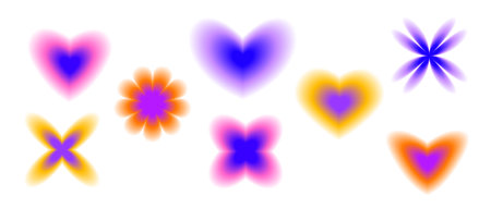 Smooth blurred gradient flowers and hearts set. Y2K blurry aura shape collection. Colorful abstract trendy elements for logo, templates, badges, stickers, collages. Vector packのイラスト素材
