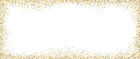 Golden glitter rectangular frame. Gold confetti sparks textured background. Glowing foil dots wallpaper. Decorative Christmas dust frame for banner, poster, flyer. Vector illustrationのイラスト素材