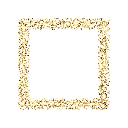 Golden confetti square frame. Glowing dotted glitter background. Simple gold dots border. Sparkling halftone Christmas decoration element. Vector illustrationのイラスト素材