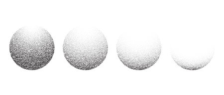 Spheres set with textured gradient. Black dotted circles collection. Stippled round elements pack. Fading noise grain dot work shapes. Vanishing halftone effect illustration bundle. Vectorのイラスト素材