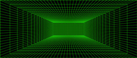 Green neon wireframe grid room. 3d background in perspective. Futuristic digital outline space. Geometric design. Vector template illustrationのイラスト素材