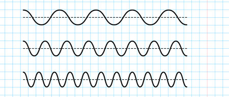 Sinusoid signals set on blue grid paper. Black curve sound wave on checkered paper. Voice or music...
