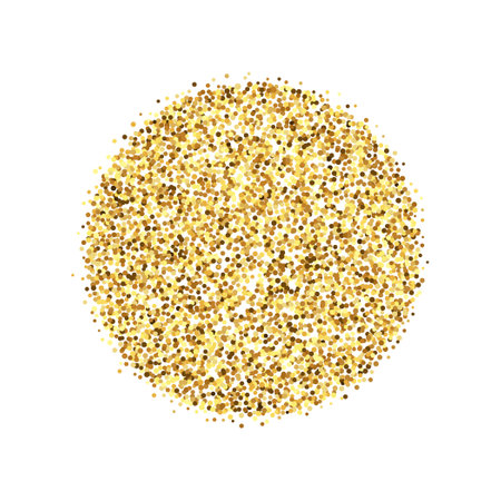 Golden confetti circle pale. Glowing dotted glitter background. Gold dots round heap. Sparkling halftone texture. Christmas decoration element for invitation, banner. Vector illustrationのイラスト素材