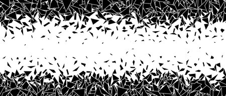 Debris and shatters in horizontal repeating border. Black broken triangle pieces, specks, speckles, particles, shivers. Abstract explosion and disintegrating textured background. Vector illustrationのイラスト素材