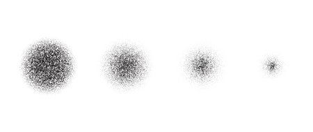 Set of vanishing stippled circle texture. Black disappearing dotted gritty round element collection....