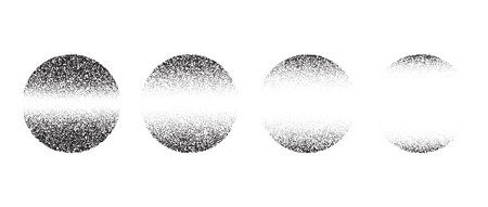 Set of textured linear gradient circles. Black dotted fading spheres collections. Stippled round elements pack. Vanishing noise grain dot work shapes. Halftone effect illustrations bundle. Vectorのイラスト素材