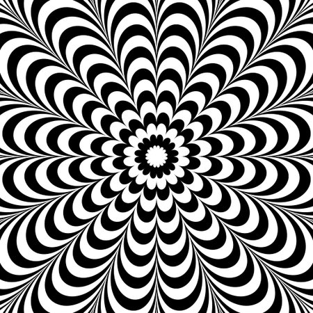 Optical illusion background. Black and white abstract distorted lines surface. Poster design. Radial wavy illusion wallpaper. Vector illustrationのイラスト素材